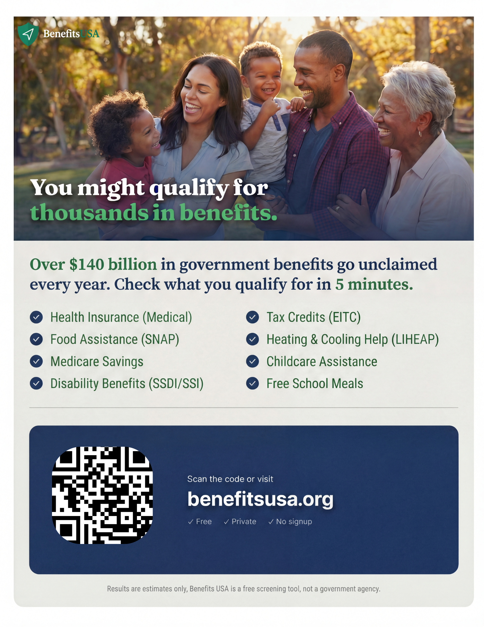 Benefits USA Flyer - Free government benefits screening tool